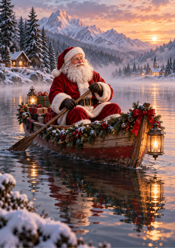 Rice Paper For Decoupage Santa’s Lantern Boat on a Winter Lake Full Cat. No 10652