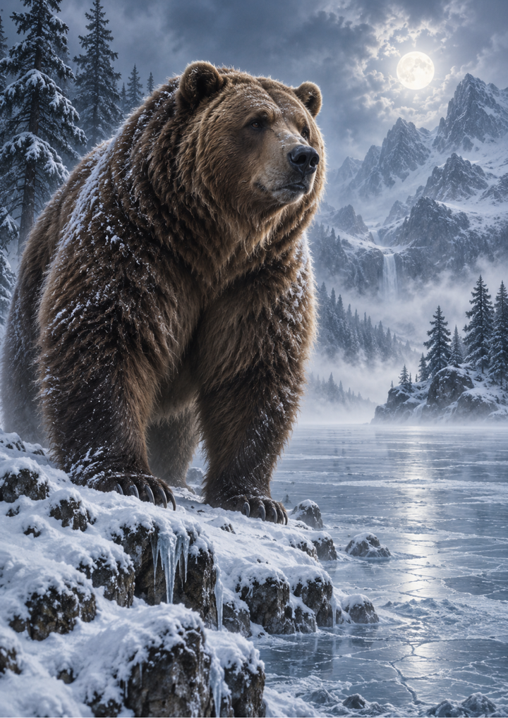 Rice Paper For Decoupage Moonlit Bear at the Frozen Lake Full Cat. No 10658