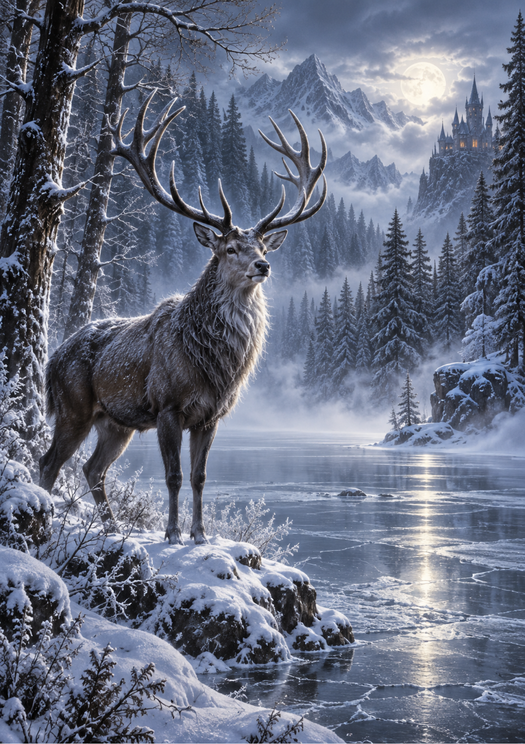 Rice Paper For Decoupage Moonlit Stag by the Frozen Lake Full Cat. No 10660