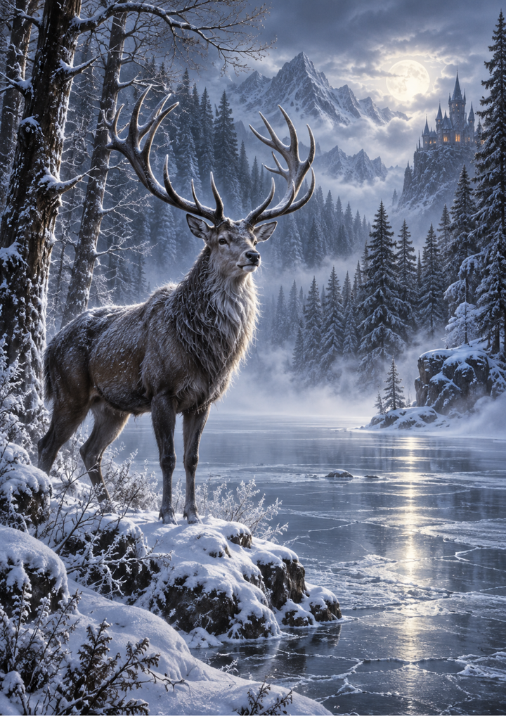 Rice Paper For Decoupage Moonlit Stag by the Frozen Lake Full Cat. No 10660