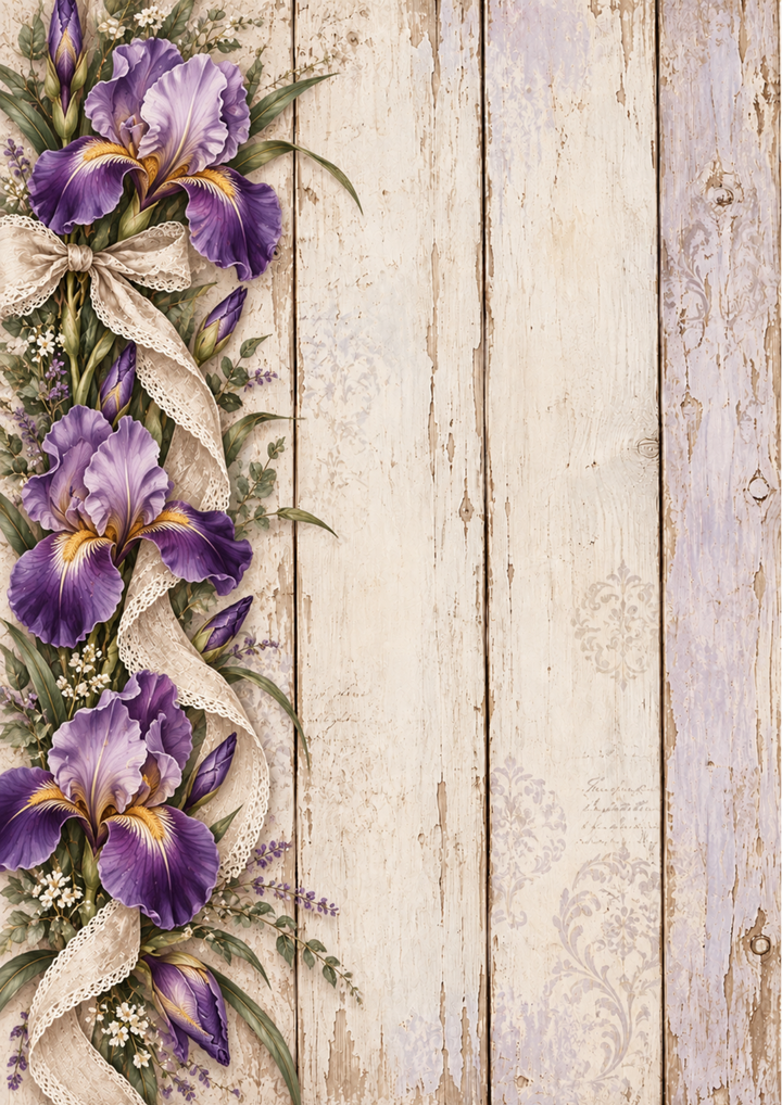 Rice Paper For Decoupage Vintage Iris Bouquet on Weathered Wood Full  Cat. No 10664