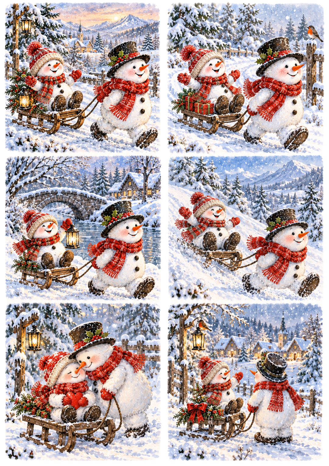 Rice Paper For Decoupage Whimsical Snowman Winter Adventures Collage Cat. No 10670