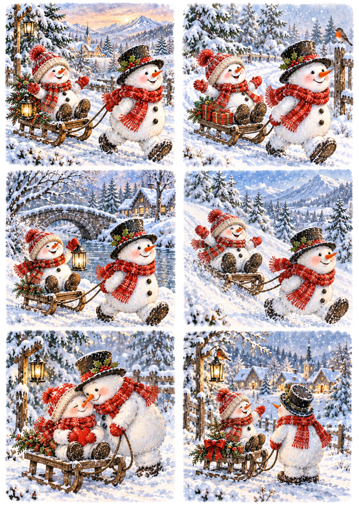 Rice Paper For Decoupage Whimsical Snowman Winter Adventures Collage Cat. No 10670