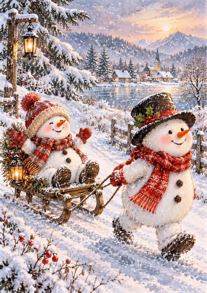 Rice Paper For Decoupage Snowmen’s Cozy Sled Ride Full  Cat. No 10671
