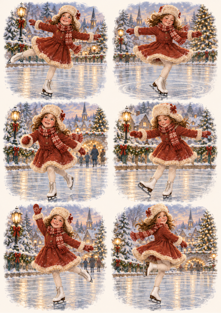 Rice Paper For Decoupage Vintage Christmas Ice Skating Vignette Collage Cat. No 10678