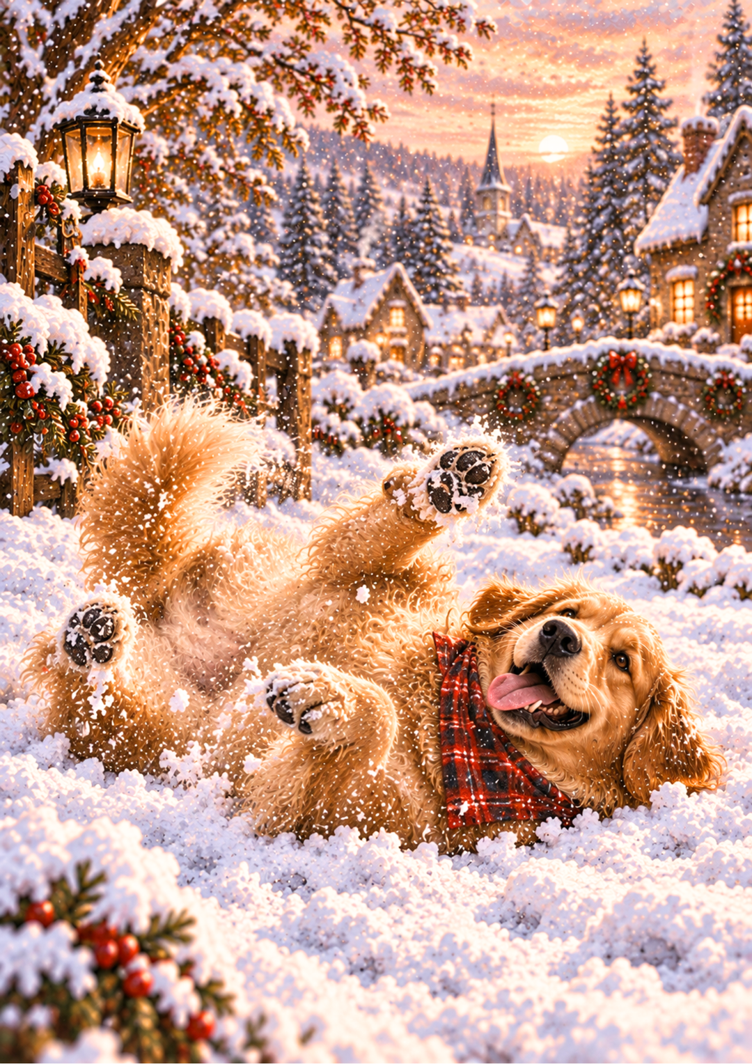 Rice Paper For Decoupage Golden Retriever’s Snowy Village Adventure Full Cat. No 10682