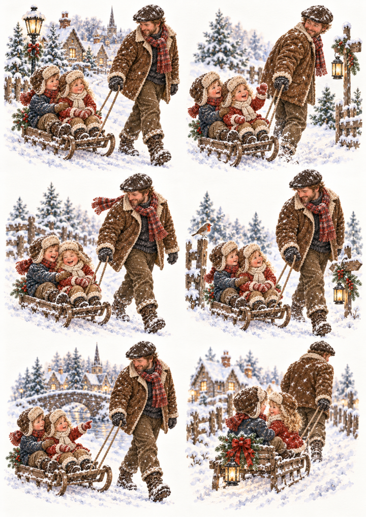 Rice Paper For Decoupage  Watercolour Winter Sledding Adventures Collage Cat. No 10689