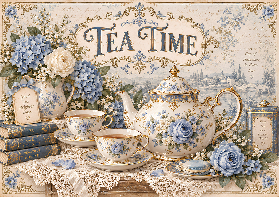 Vintage-style tea-themed decorative artwork featuring a floral teapot, teacups, books, lace, and large decorative text reading “TEA TIME” on an aged cream background with blue and gold detailing.