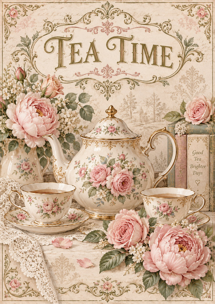 Rice Paper For Decoupage Vintage Tea Time Floral Still Life Full Cat. No 10695