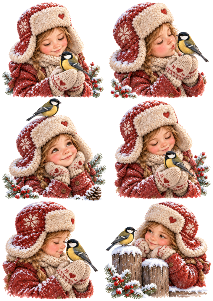 Rice Paper For Decoupage  Winter Girl and Great Tit Watercolour Vignettes Collage  Cat. No 10699