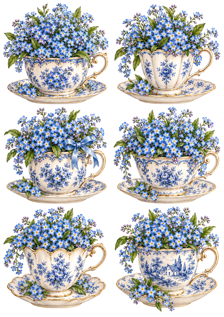 Rice Paper For Decoupage Vintage Teacup Forget-Me-Not Collection Collage  Cat. No 10700