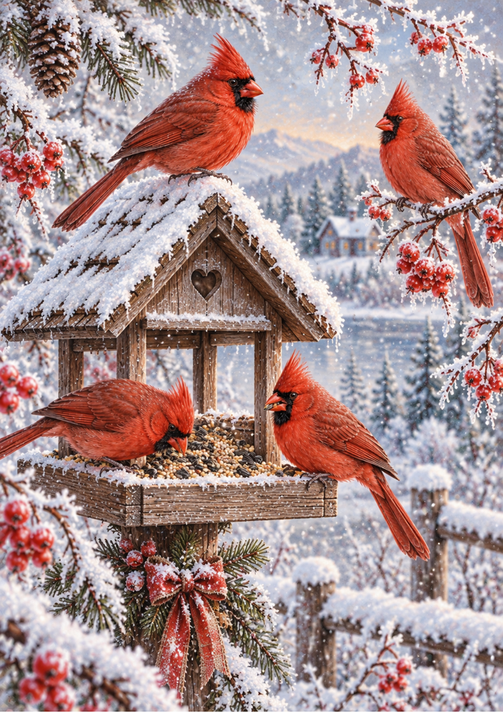 Rice Paper For Decoupage Snowy Cardinal Feeder at Dawn Full  Cat. No 10706
