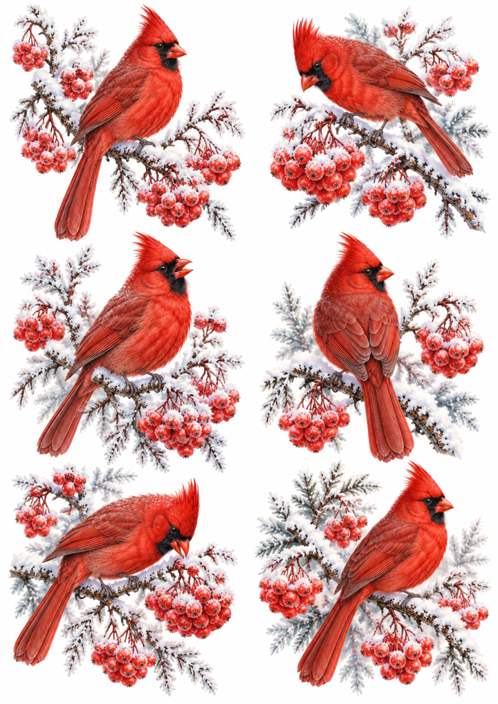 Rice Paper For Decoupage Winter Cardinals on Frosted Berry Branches Collage Cat. No 10707