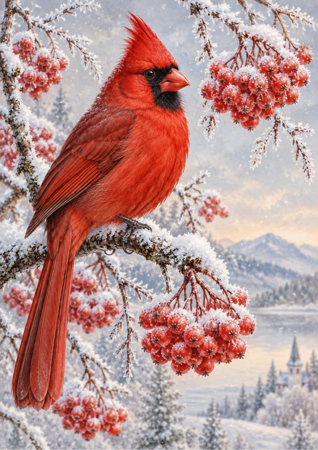 Rice Paper For Decoupage Frosted Cardinal Among Rowan Berries Full  Cat. No 10708