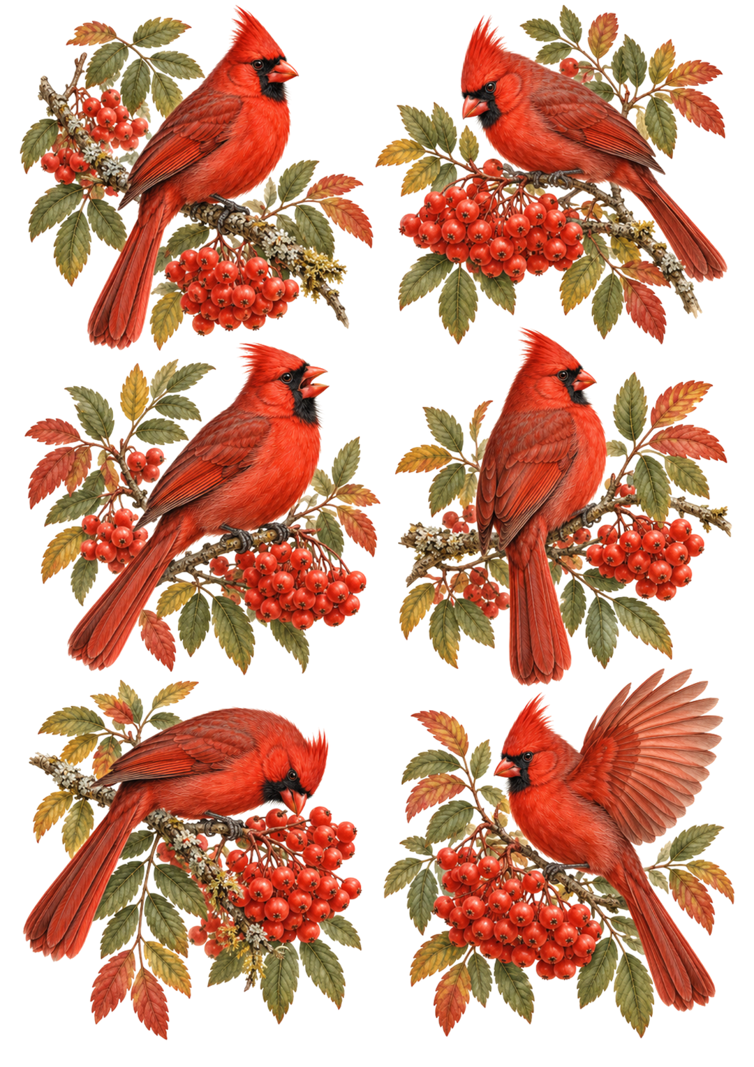 Rice Paper For Decoupage Cardinals and Rowan Berries Botanical Sheet Collage  Cat. No 10709
