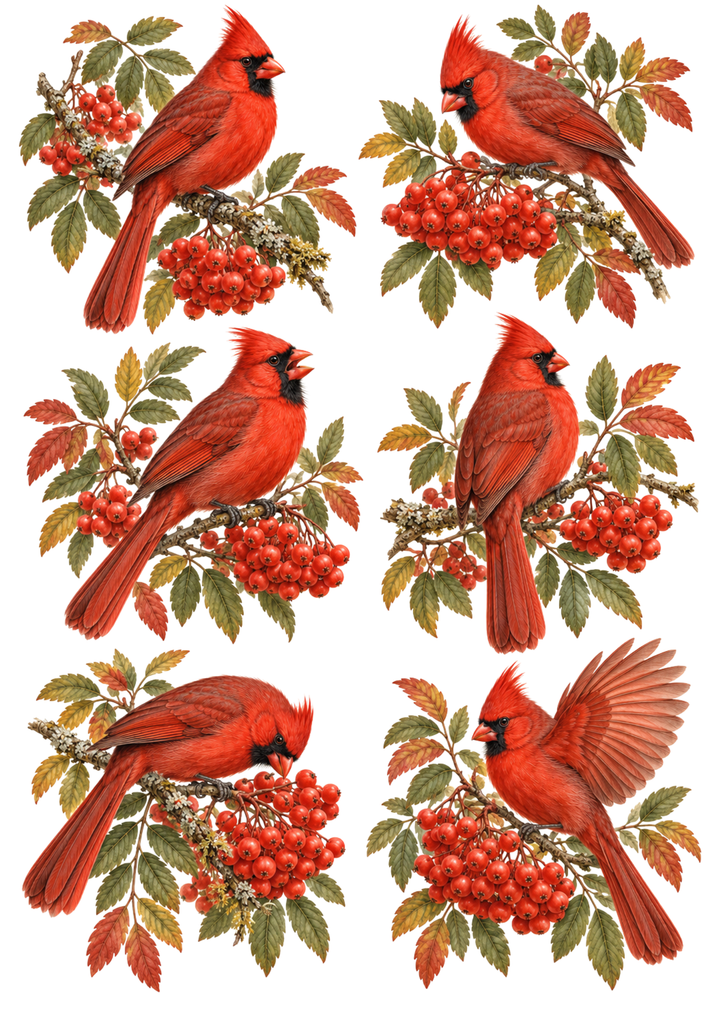 Rice Paper For Decoupage Cardinals and Rowan Berries Botanical Sheet Collage  Cat. No 10709