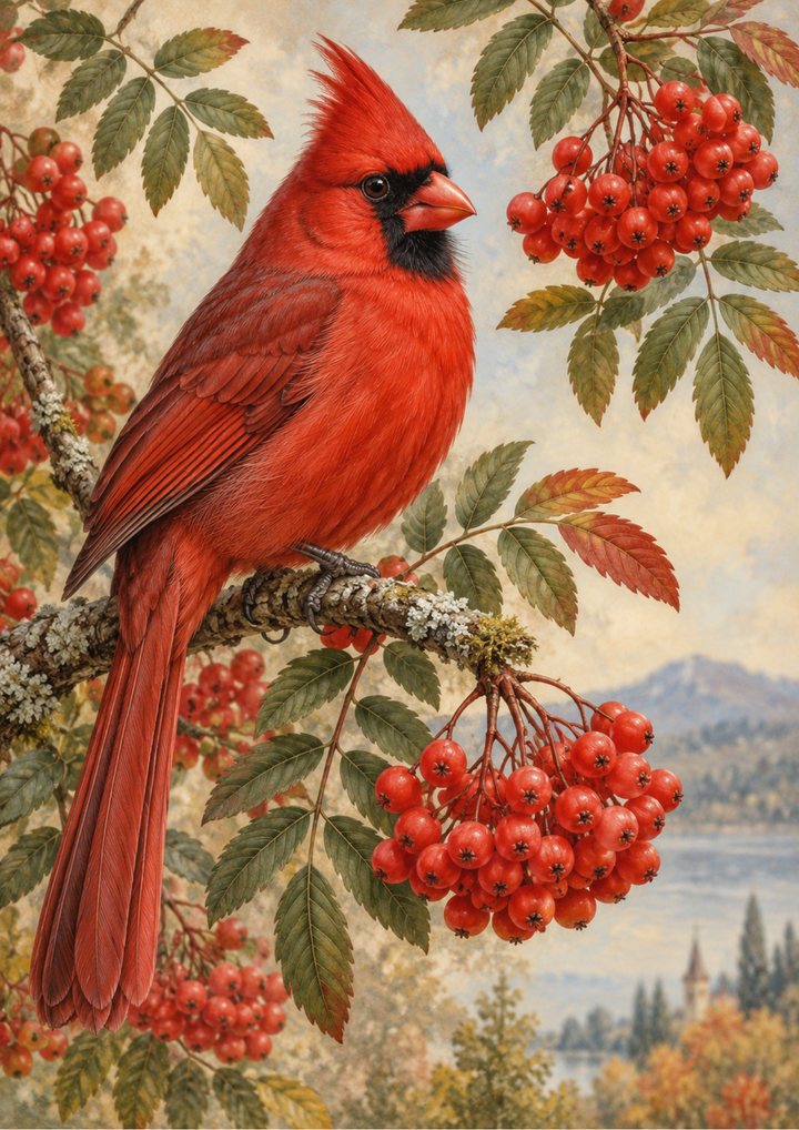 Rice Paper For Decoupage  Cardinal Among Autumn Berries Full Cat. No 10710
