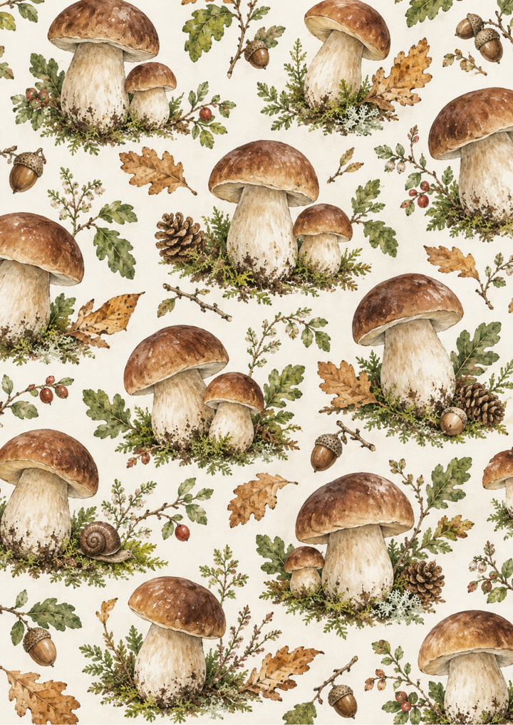 Rice Paper For Decoupage Watercolour Woodland Mushroom Pattern Full Cat. No 10713