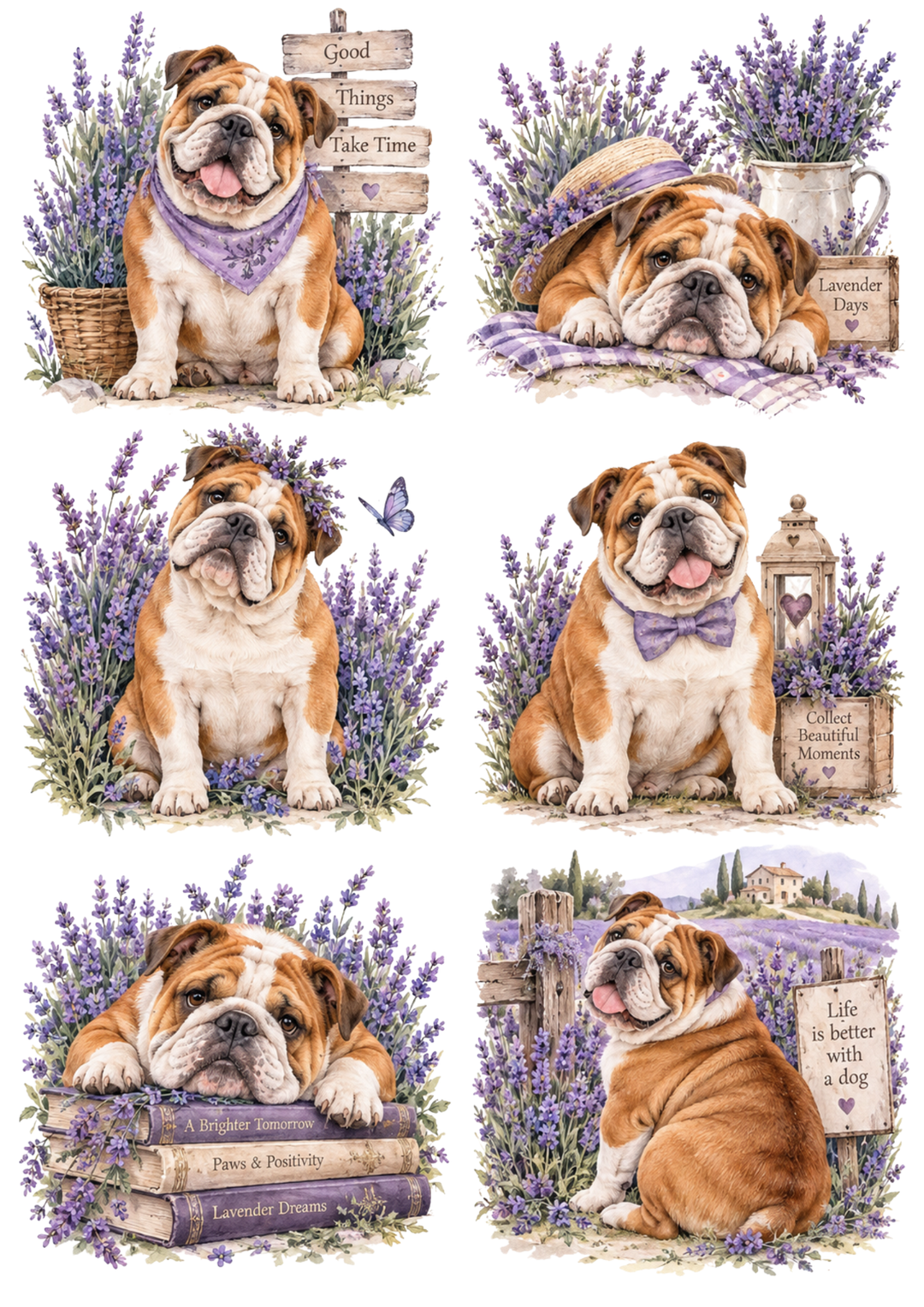 Rice Paper For Decoupage Lavender Days with Bulldog Collage Cat. No 10716