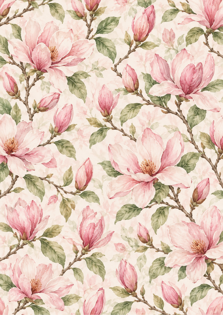 Rice Paper For Decoupage Vintage Pink Magnolia Watercolour Pattern Background Full  Cat. No 10725