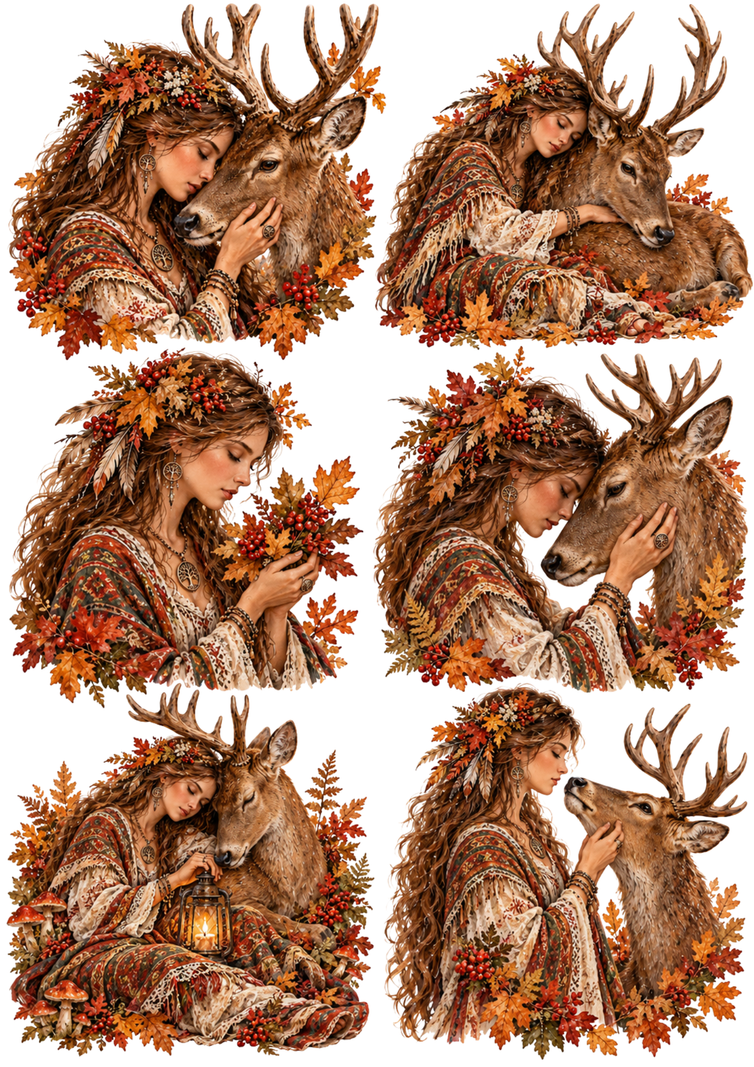 Rice Paper For Decoupage Autumn Woodland Maiden and Deer Vignettes Collage  Cat. No 10736