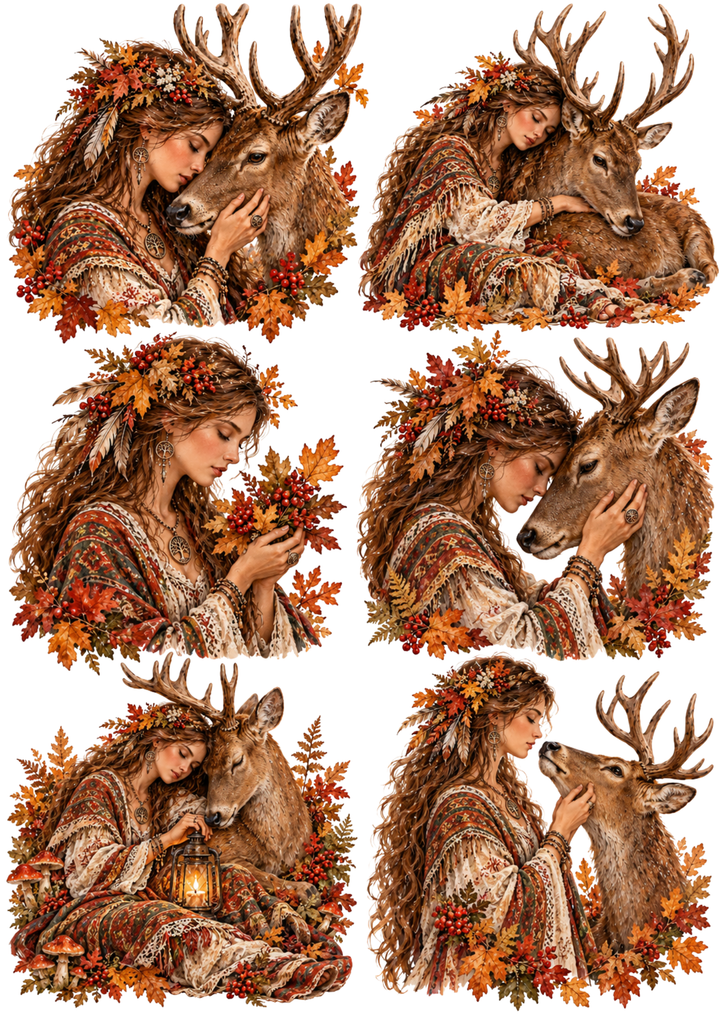 Rice Paper For Decoupage Autumn Woodland Maiden and Deer Vignettes Collage  Cat. No 10736