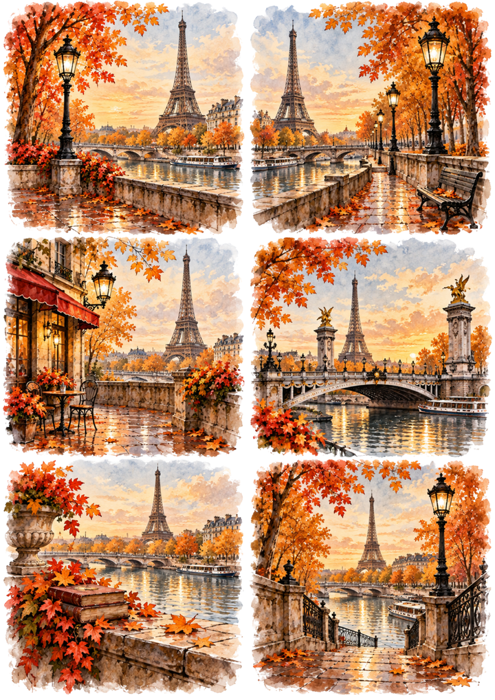 Rice Paper For Decoupage Autumn Paris in Watercolour Vignettes Collage Cat. No 10742