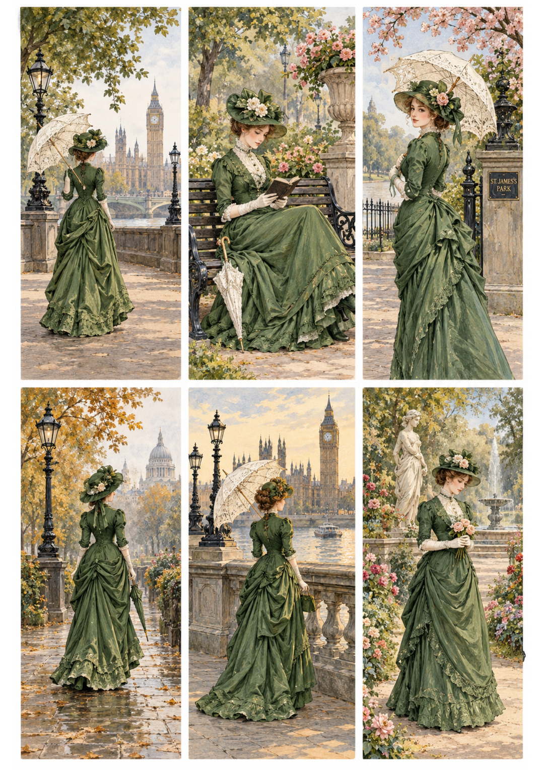 Rice Paper For Decoupage Victorian Lady in London Parks Collage Cat. No 10753