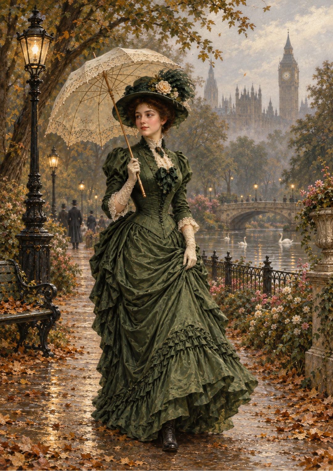 Rice Paper For Decoupage Victorian Lady in Misty London Park Full Cat. No 10754