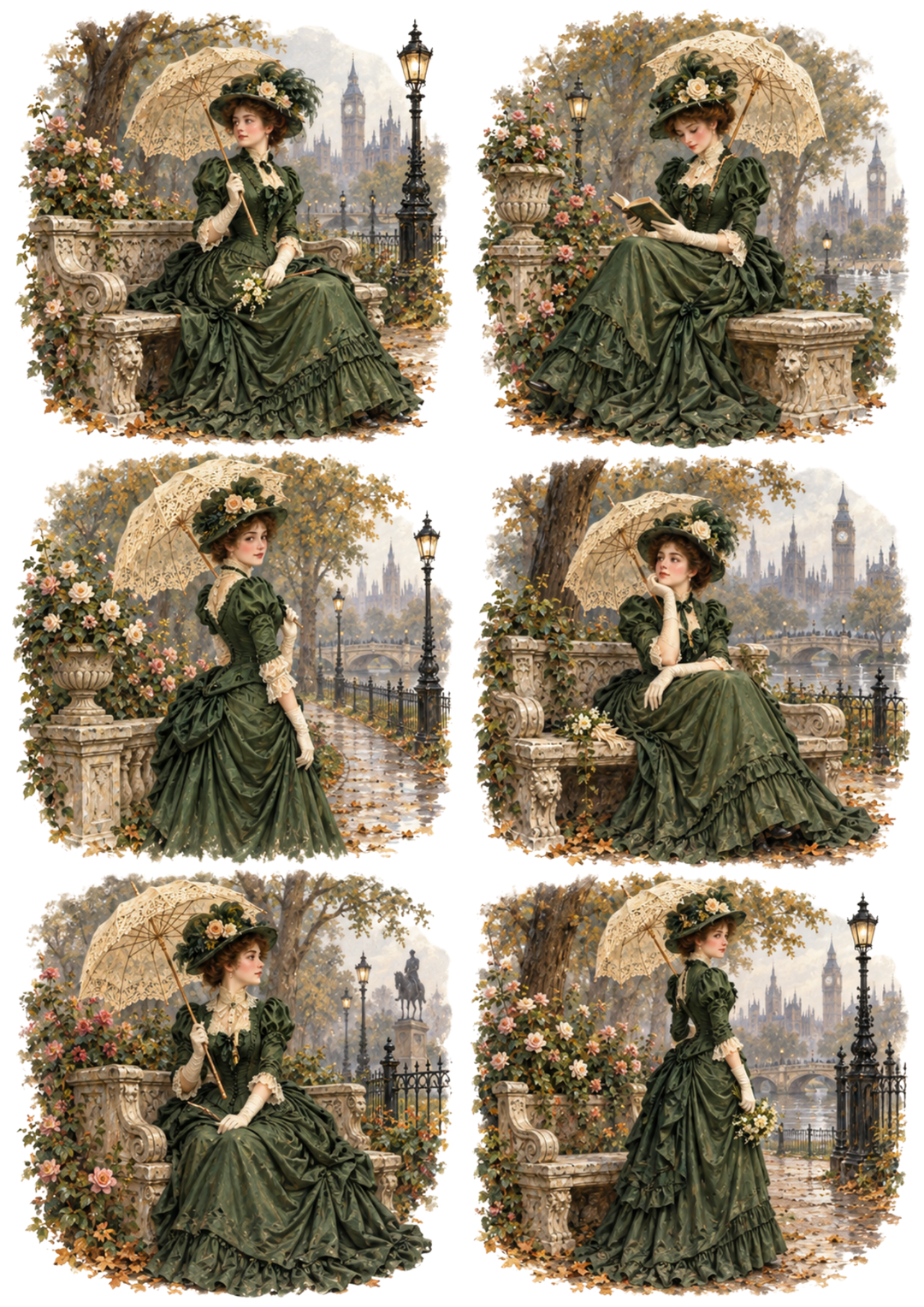 Rice Paper For Decoupage Victorian Green Gowns in London Park Collage Cat. No 10755