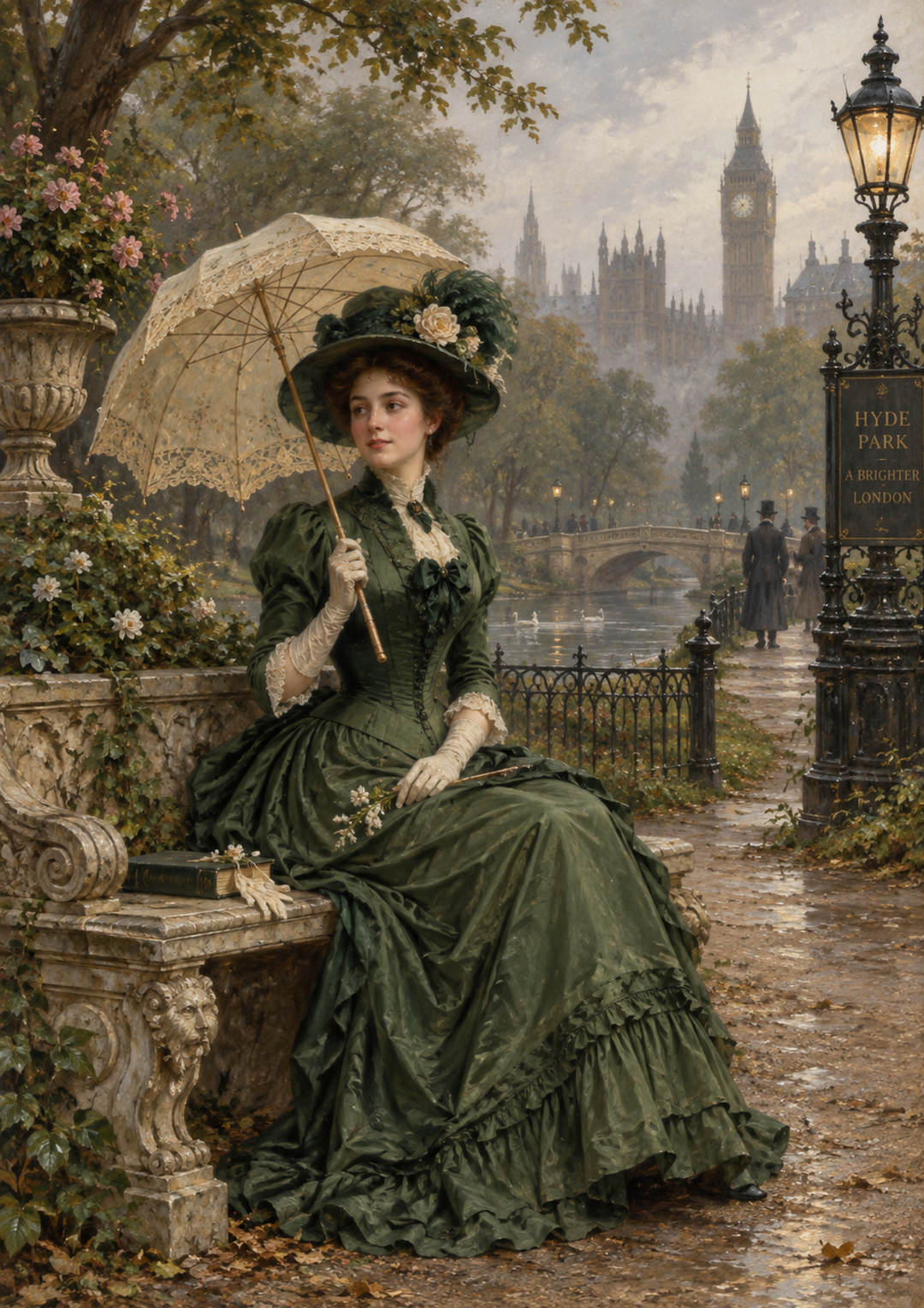 Rice Paper For Decoupage Victorian Lady in Misty Hyde Park Full  Cat. No 10756