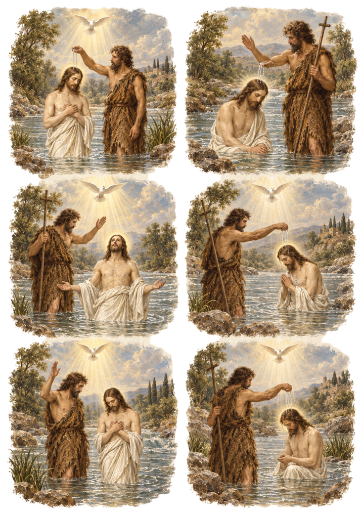 Rice Paper For Decoupage  Vintage Baptism of Jesus Vignettes Collage Cat. No 10757