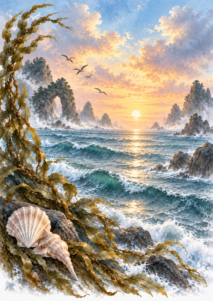 Rice Paper For Decoupage Misty Coastal Sunset with Kelp and Shells Full Cat. No 10763
