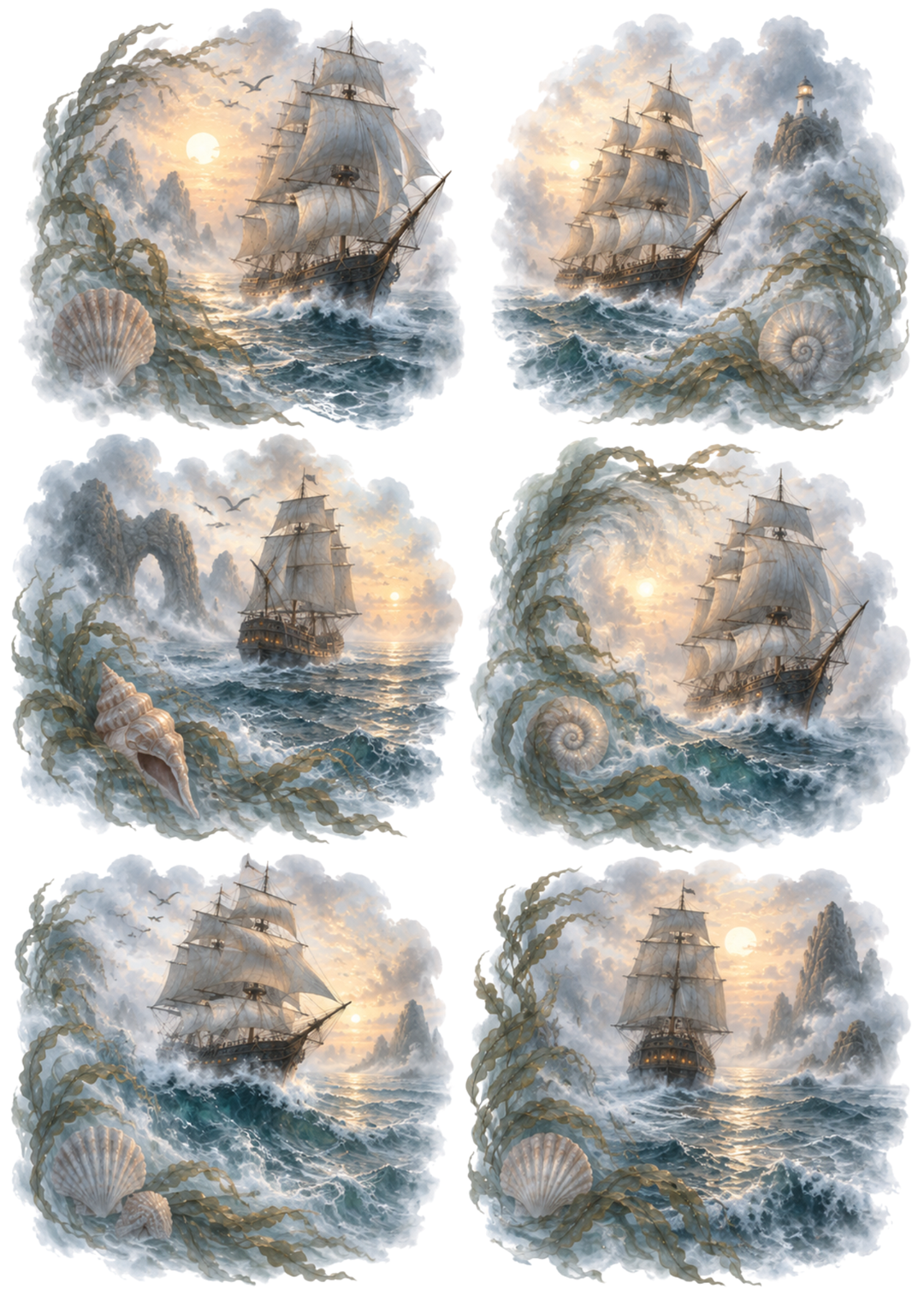 Rice Paper For Decoupage Dreamy Watercolour Ships at Sea Collage  Cat. No 10764