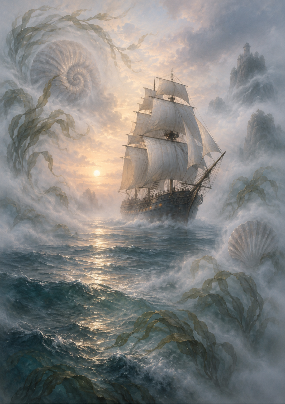 Rice Paper For Decoupage Misty Tall Ship at Dawn Full  Cat. No 10765