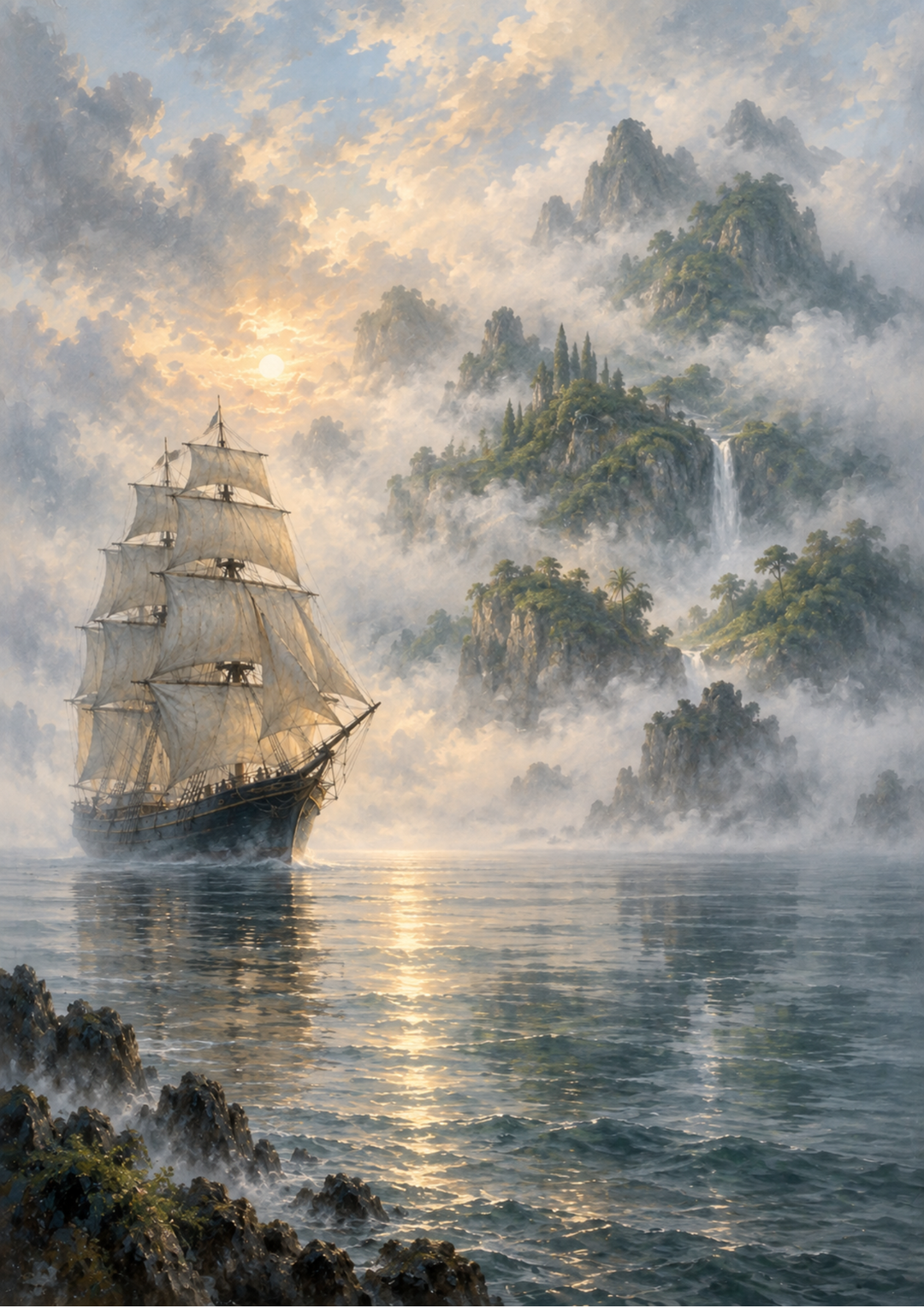 Rice Paper For Decoupage Tall Ship Beneath the Misty Peaks Full  Cat. No 10767