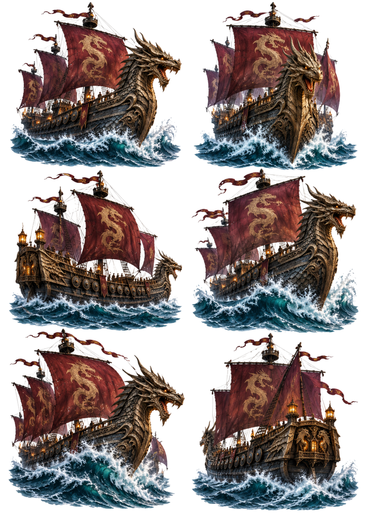 Rice Paper For Decoupage Fantasy Dragon Warships Collage Cat. No 10770