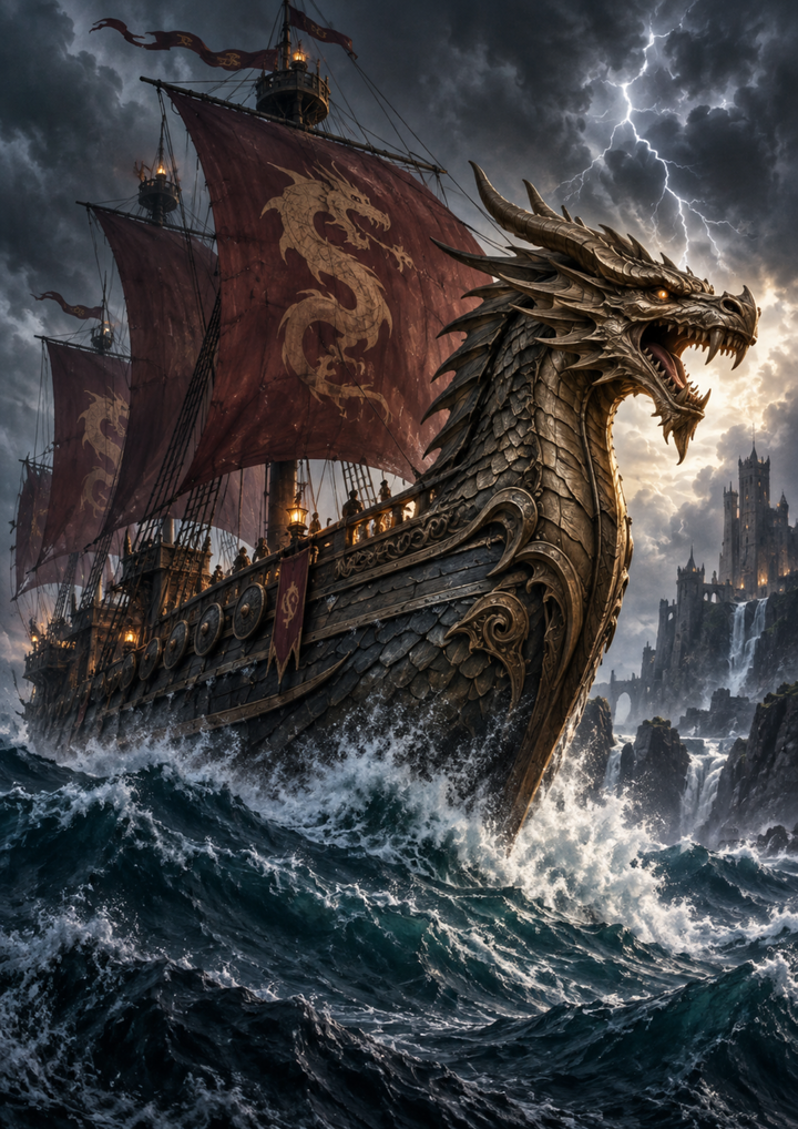 Rice Paper For Decoupage Dragon Warship Through the Storm Full Cat. No 10771