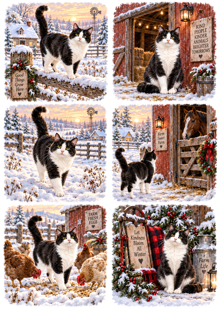 Rice Paper for Decoupage Winter Farm Cat Holiday Vignettes Collage Cat 10774