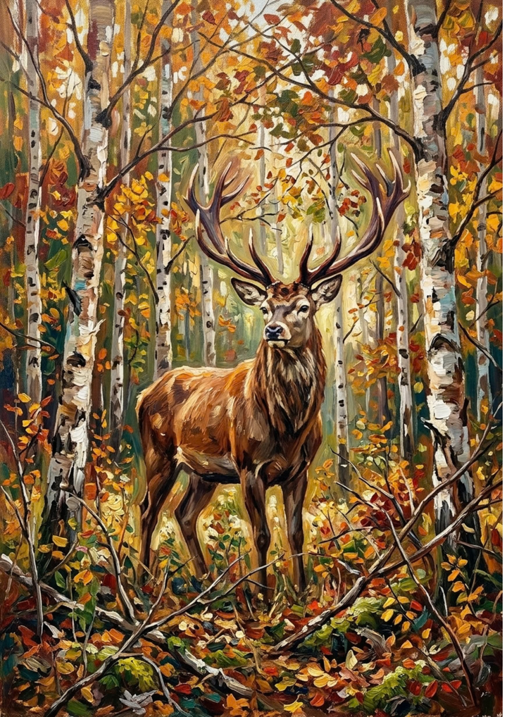 Rice Paper for Decoupage Autumn Majesty – Stag in the Birch Forest Full  Cat 10780