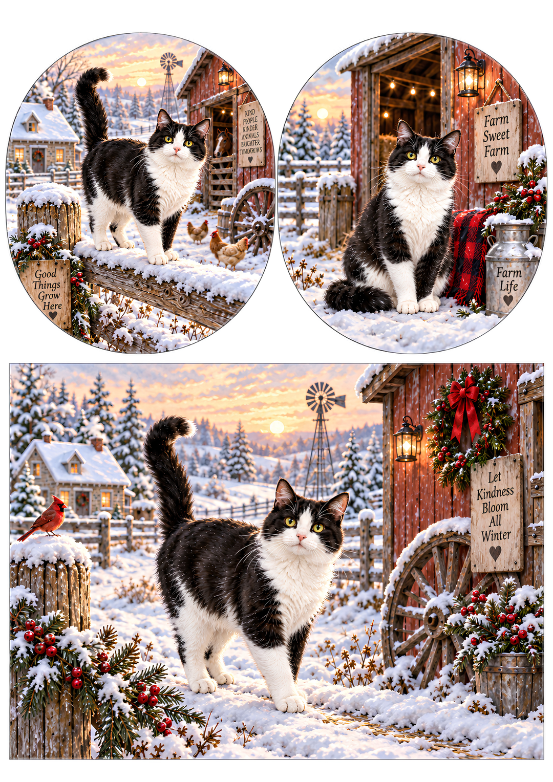 Rice Paper for Decoupage Cat on Winter Farm Collage Cat 10792