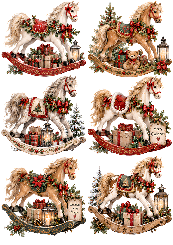 Rice Paper for Decoupage Christmas Rocking Horse Collage Cat 10802