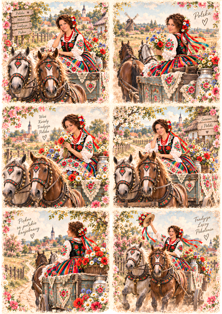 Rice Paper for Decoupage Polish Folk Art Horse-Drawn Wagon Collage  Cat 10838