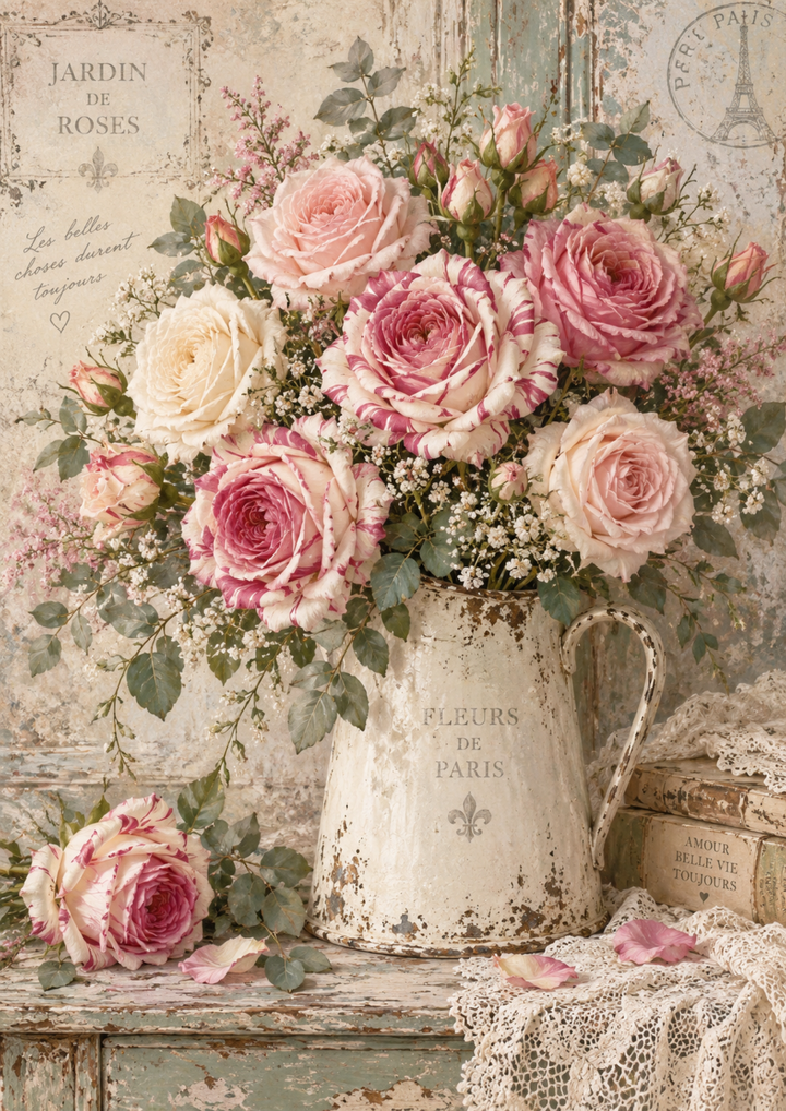 Rice Paper for Decoupage Parisien Jug with Shabby Flowers Full Cat 10850