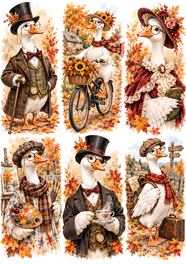 Rice Paper for Decoupage Whimsical Autumn Geese Collage Cat 10851