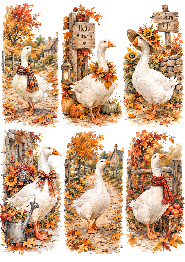 Rice Paper for Decoupage Autumn Goose Collage Cat 10856