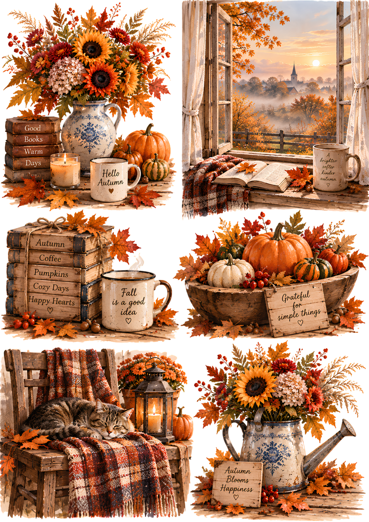 Rice Paper for Decoupage Autumn Scene Collage Cat 10889