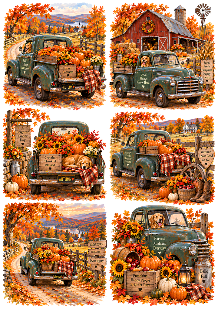 Rice Paper for Decoupage Vintage Autumn Farm Truck Collage Cat 10894