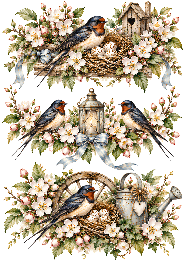 Rice Paper for Decoupage Vintage Spring Swallows Collection Collage Cat 10901