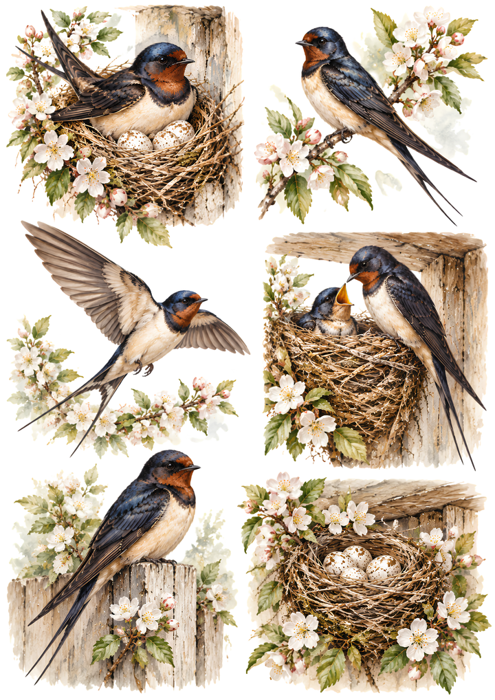 Rice Paper for Decoupage Vintage Spring Swallows Collage Cat 10903